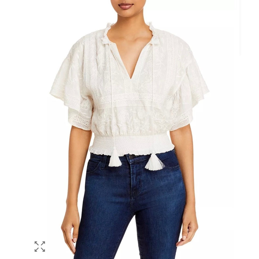 Alice + Olivia White Embroidered Eyelet Tassel Boho‎ Blouse Top Medium